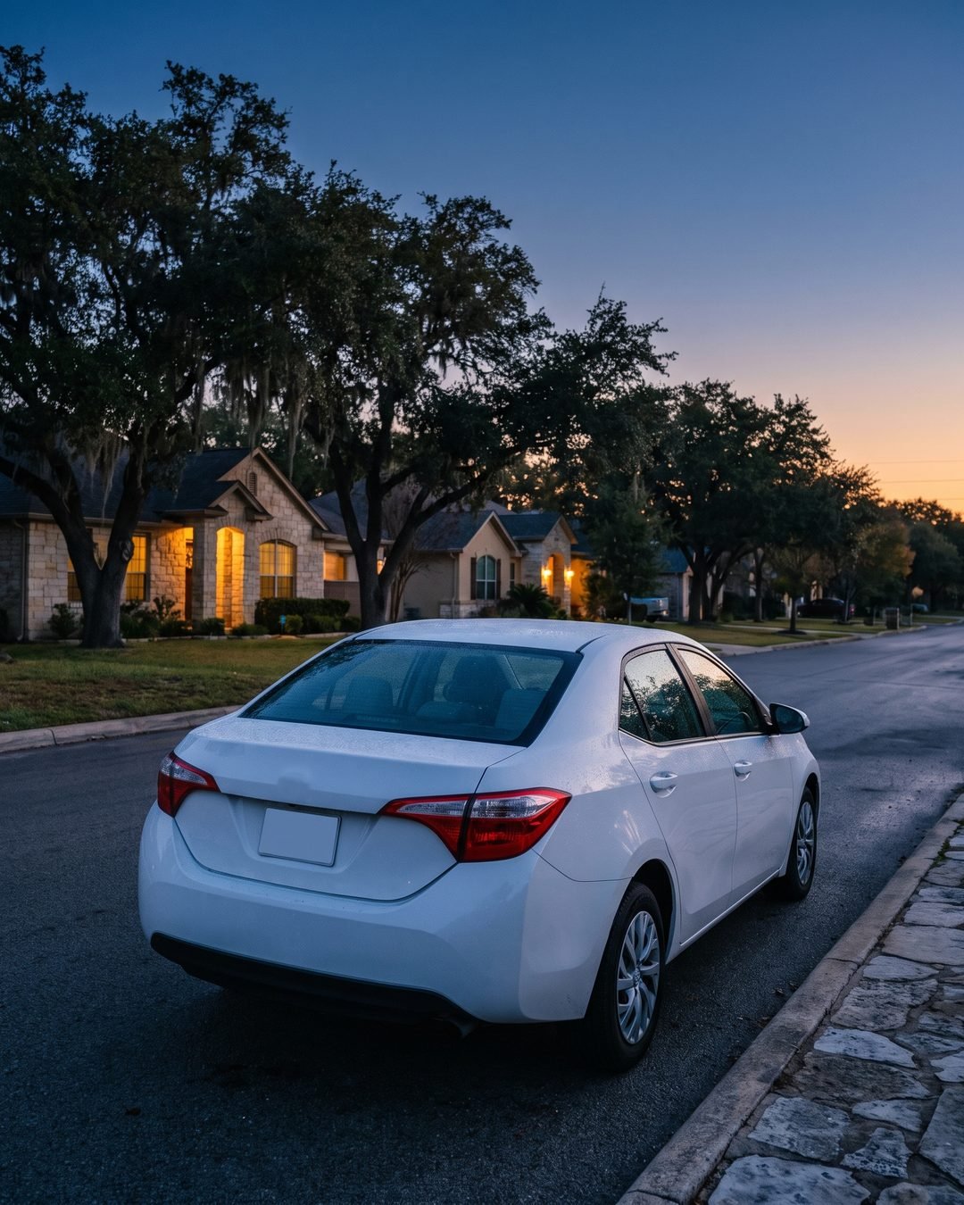 A sedan parked on a quiet San Antonio residential street before sunrise